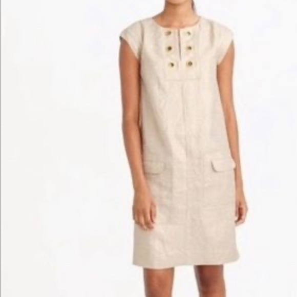 J crew metallic gold linen Dress grommet detail split neck front pockets size 16 - Picture 1 of 10